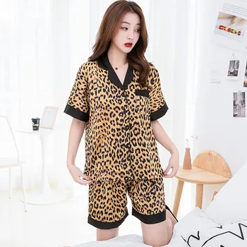  Kadın İpek Seksi Yaz İç Çamaşırı Pijama Leopar Saten Kısa Kollu Şort Pijama Kıyafeti Kore İki Parçalı Pijama Setleri Pijama