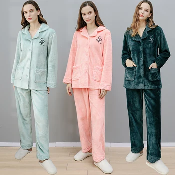  Kadın Kış Pazen Pijama Setleri Kalın Sıcak Mercan Polar Kıyafeti Nakış Pijama Erkekler Waffle Manşet Pijama Artı Boyutu Pijama