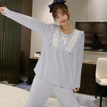  Kadın Pijama Sonbahar Tatlı ve Güzel Prenses Tarzı Kore Kız Uzun Kollu Çekme Çerçeve Pamuk Ev Giyim Seti