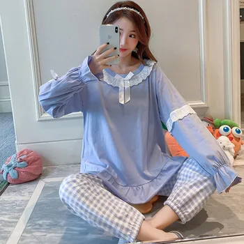  Kadın Pijama Uzun Kollu Pamuklu Pijama Seti Bahar Sonbahar O Boyun Öğrenci Ekose Kıyafeti Pijama Rahat Ev Giysileri