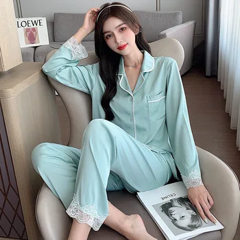  Kadın Salonu Aşınma Pijama Seti Bahar Yeni Saten İpek Pijama 2 ADET Gömlek ve Pantolon Rahat Kıyafeti Samimi İç Çamaşırı Yumuşak Gecelik