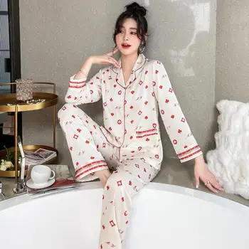  Kadın Saten Pijama Uzun Kollu Pijama Takım Elbise Yumuşak İki Parçalı Gömlek ve Pantolon Baskı Pijama Samimi İç Çamaşırı Rahat Salon Kıyafeti