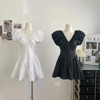  Kadın Şık Zarif V Boyun Pilili Elbise Yaz Streetwear Düz Renk Bir Çizgi Mini Elbise Bayan Parti Tatil Vestidos