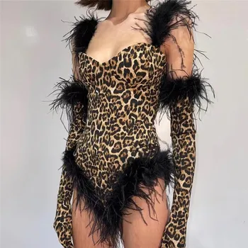  Kadınlar Yeni Seksi Leopar Sling Kürk Kollu Bodysuit Sahne dans kostümü Gece Kulübü Dans Kadın Şarkıcı Gösterisi Bodysuit
