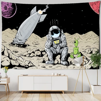  Karikatür Astronot ve Alien Ultraviyole Tepki Dekoratif Kumaş Basit Soyut Gece Floresan Goblen Ev duvar bezi
