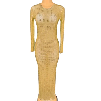 Köpüklü Rhinestones dekorasyon zemini Uzunlukta Elbise O-Boyun uzun kollu parti elbisesi Kadın Dans Giyim Gece Kulübü Dans Gösterisi Giyim