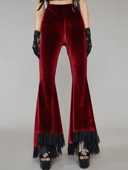  Kırmızı Yüksek Bel Kadife Flare Pantolon Kadın Y2k Harajuku Dantel Patchwork Emo Alt Pantolon Gotik Geniş Bacak Punk Kadın Dipleri 2022