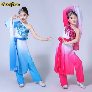  Kız Klasik Dans Çin Tarzı Su Kollu Şemsiye dans kostümü Performans Zarif Yangge Hanfu Giyim Fan Dans