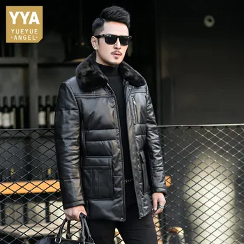  Kış Erkek Gerçek Vizon Kürk Yaka Aşağı Ceket İş İş Sıcak Koyun Derisi Hakiki Deri Ceket Mont Artı Boyutu 5XL Palto