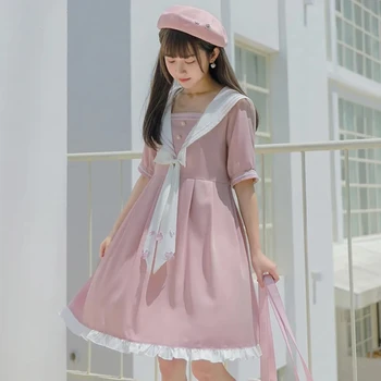  Lolita Kawaii Elbise Japon Tarzı Nazik Tiki Pembe Mini Elbise Tatlı Gevşek İlmek Robe Femme été Sevimli Diz Boyu платье мин
