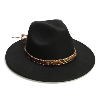  LUCKYLIANJI Retro Kadın Erkek Vintage %100 % Yün Geniş Kenarlı şapka Fedora Panama Caz Melon Şapka Yaprak Deri Bant(57 cm/Ayarlanabilir)