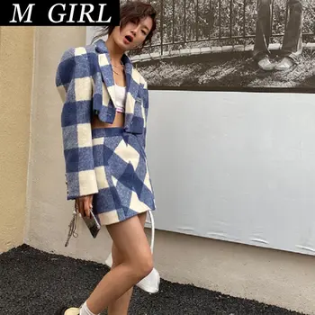  M kız Sonbahar Kış Ekose Eski Tüvit İki Parçalı Set Kore Tek Göğüslü Yün Kısa Ceket Ceket + Mini Etek 2 Parça Set