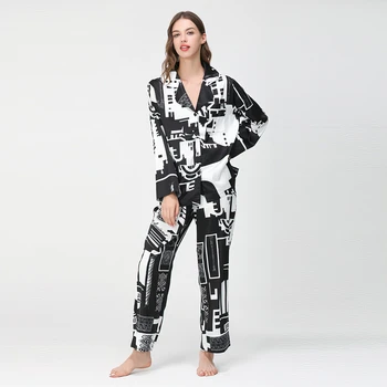  Maison Gabrielle 2021 Yeni Yaz Soyut Siyah Beyaz Baskılı İpek Saten Pijama Seti Loungewear Pijama Kadınlar için 2 Adet Uzun