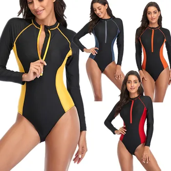  Mayo sörf kıyafeti Düz Renk Patchwork Anti-fermuar Tek Parça Muhafazakar Mayo 2022 Yaz Plaj Seksi Kadın Mayo
