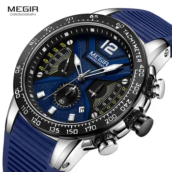  MEGIR erkek Ordu Spor Chronograph kuvars saatler Silikon Kayış Aydınlık Su Geçirmez Kol Saati Adam Relogios Masculino 2106 Mavi