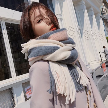  Mingjiebihuo Yeni varış sonbahar ve kış Kore sıcak rahat moda eşarp kalın çizgili mizaç sevimli açık şal