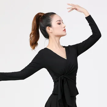  Moda 2021 Latin Dans Uygulama Giyim Kadın Yetişkin Seksi V Yaka Üst Yeni Meslek Siyah Dans Performansı Eğitim Gömlek