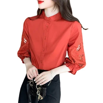  Moda hollow out işlemeli gömlek kadın tasarım anlayışı İlkbahar ve Sonbahar 2023 ince standı yaka 3/4 kollu kişiselleştirilmiş üst
