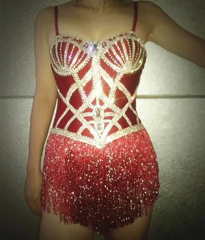  Moda Işıltılı Kristaller Kırmızı Seksi Saçaklar Leotard Bling Sahne Dans Performansı Kıyafet Gece Kulübü Parti Giyim Gösterisi Elbise