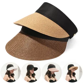  Moda Rahat hasır şapka Siperliği Yaz Boş Üst Suncap Taşınabilir Katlanabilir Sihirli Bant Roll-up plaj şapkası Geniş Ağızlı Kadın güneş şapkası