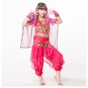  Oryantal Dans Çocuk Hint Kostüm Seti (Üst, Kemer, Pantolon, Eşarp) oryantal Dans Bollywood Dans Kostümleri Kızlar için 4 adet / takım