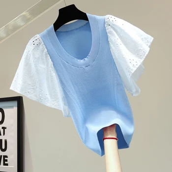  Oyalamak İçi Boş Çan Kollu Buz ipek tişört Kadın 2022 Yaz Kontrast Renk Tüm Eşleşen Kazak T-shirt İnce dişi t parça Üst