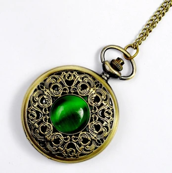  PA009 Kadın Yeşil Kolye Vintage Moda Zümrüt Taş cep saati Takı