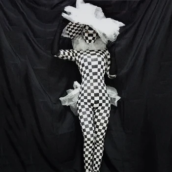  Palyaço Siyah Ve beyaz ızgara Tulum Cadılar Bayramı Partisi Festivali Kıyafet Sahne Kostüm Kadın Gece Kulübü şarkıcısı Rave Giyim
