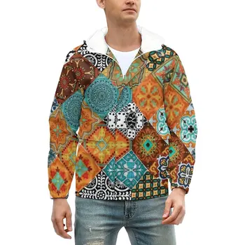  Patchwork Mandala günlük ceketler Vintage Çiçekli Baskı Fermuar Sıcak Rüzgarlık Erkekler Özel Mont Kış Sokak Tarzı Gevşek Ceket
