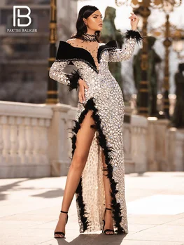  PB Lüks Kristal Sequins Uzun elbise Kadın Tüy Uzun Kollu Korse Glitter Elbise Seksi Yüksek Bölünmüş Abiye Balo Parti