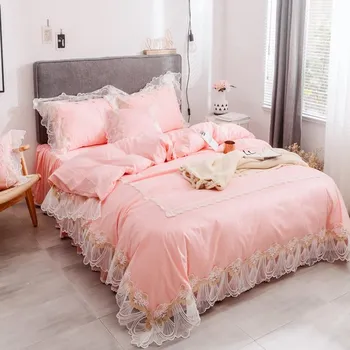  Pembe Dantel İşlemeli Yorgan yatak örtüsü seti Pamuk Lüks Prenses Yatak Örtüsü Bedskirt Yastık Kılıfı düz renkli yatak seti Kore Tarzı