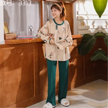  Pijama kadın Uzun Kollu Bahar Sonbahar Pamuk Kış Kore Karikatür Sevimli Rahat Pantolon Ev Giysileri İki Takım Giyebilir
