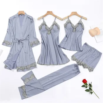  Pijama Saten Kadın 5 ADET Pijama Pijama V Yaka Seksi Kıyafeti Bahar Yeni Ev Giysileri Seksi Kimono Kıyafeti Salonu Uyku Seti