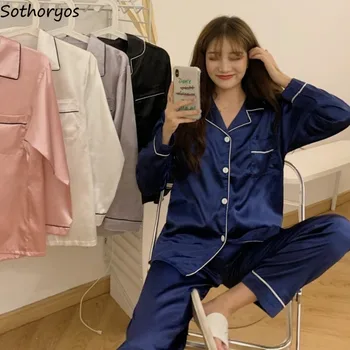  Pijama Setleri Kadın Patchwork Rahat Saten Nefes Gevşek Turn-aşağı Yaka Uzun Kollu Pijama Ev Moda Basit Salon Kore