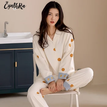  Pijama Uzun kollu Bayan Sonbahar Polka Dot Yıldız Saf Pamuk Sevimli Kawaii Günlük Gevşek Sıcak Tutmak Pijama Seti Kadınlar İçin