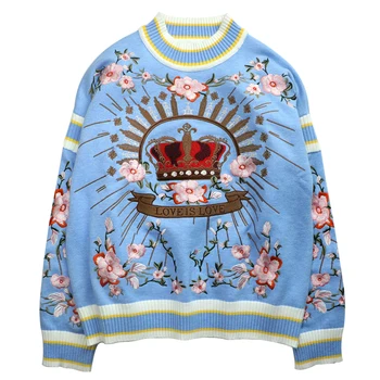  Pist Tasarımcısı Kadın Mavi Çiçek Nakış Kazak Kazaklar 2022 Kış Noel Lüks Marka Örgü Jumper Giyim