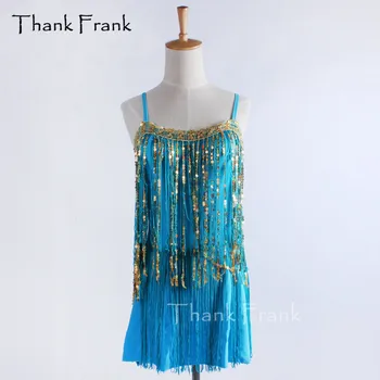  Püskül Kaşkorse Latin Elbise Kız Yetişkin Pullu Modern Dans Kostüm Teşekkür Frank C401