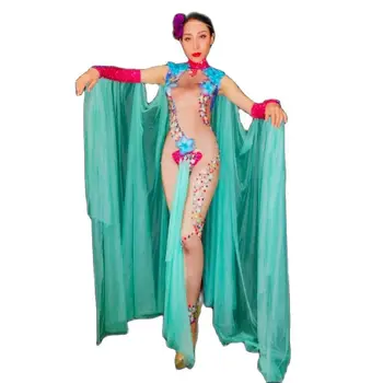  Renkli Çiçekler Kristaller Tulum Seksi Kadın Gece Kulübü Kostüm Bar Parti Kutlama Kıyafet Modeli Podyum Performans Bodysuit