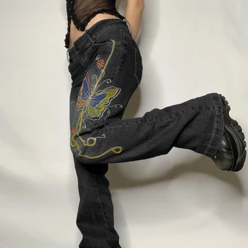  Retro Kelebek Baskı Y2K Denim Kot Düşük Belli Grunge Vintage Kargo Pantolon Fairycore Harajuku Moda Pantolon