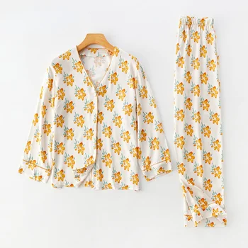  Retro Tarzı Sarı Krizantem Baskılı Çiçek Gömlek Pijama Viskon Uzun Kollu Pantolon Takım Elbise Dört Mevsim Gecelik Pijama