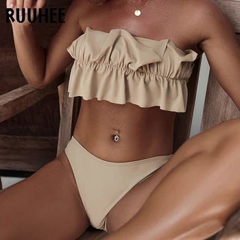  RUUHEE Bandeau Bikini Mayo Kadınlar 2022 Seksi Push Up Mayo Kadın Brezilyalı Katı Fırfır bikini seti Mayo Bikini