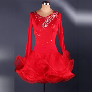  Salıncak Dans Latin Dans Elbise Kadınlar Parlak Rhinestones Kırmızı Uzun Kollu İnce Etek Latin Kostüm Kadın Festivali Elbise Dans İçin