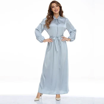  Saten Maxi Etek Müslüman Düz Renk Elbise Maxi Elbise Uzun Kollu Kat Pilili Sonbahar Zarif Mizaç Elbise Kadınlar için Ofis