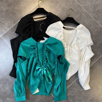  Seksi Bluz Kadın 2020 İlkbahar ve Yaz Yeni Stil Ekip Boyun Backless İpli Şerit Gömlek Kadın Blusas Bluzlar Tops