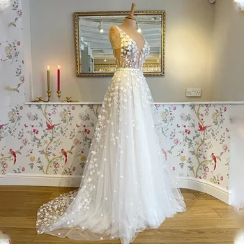  Seksi Şeffaf Illusion Derin V Yaka 3D Çiçek Dantel Aplike Gelinlik Backless Gelinlikler Custom made vestido de novia