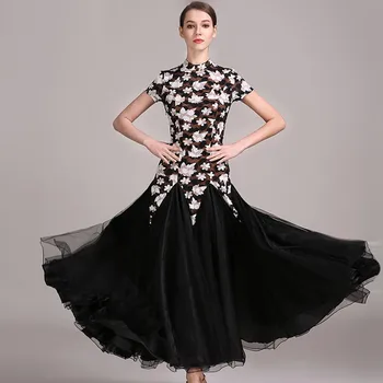  siyah baskı balo salonu dans elbise standart elbiseler modern dans kostümü aydınlık kostümleri balo salonu elbise vals flamenko elbise