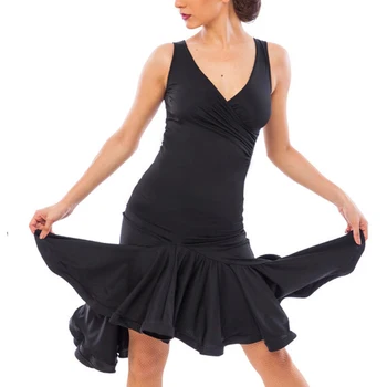  Siyah V Yaka Kısa Ön Uzun Arka Kadın Latin Dans Elbise Samba Dans Elbise Salsa Elbise