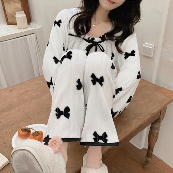  Siyah Yay kışlık pijama Seti Kadın Kare Yaka Gömlek + Pantolon Seti İki Parçalı Ev Takım Elbise Beyaz Pijama Gecelik Yumuşak