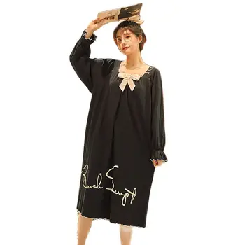  Sonbahar Yeni Kadın Gecelik Örme Pamuk Uyku Elbise Uzun Kollu Yuvarlak Boyun XXL Kız Kıyafeti Göğüs Pedi İle