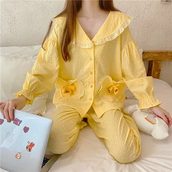  Sonbahar Yeni Küçük Taze Pamuk Dantel Rahat Uzun Kollu Kadın Pijama takım elbise Rahat Cepler kadın Pijama Takımı